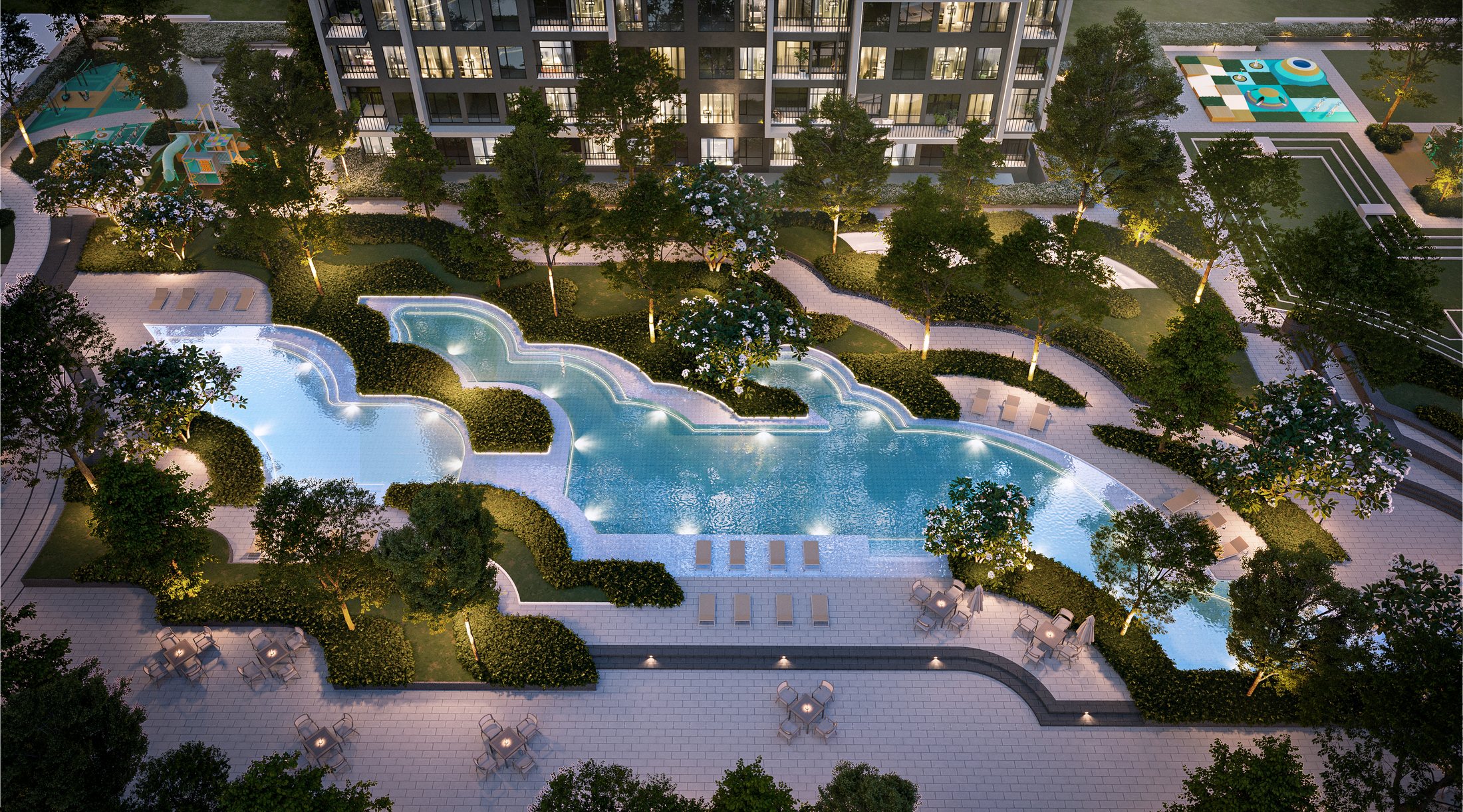 Aerial artist's impression of the podium at dusk with lagoon pool and courts