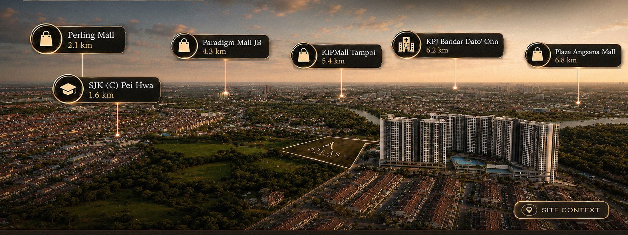 Aerial view of Atlas Residences and the surrounding district with nearby malls, schools and healthcare