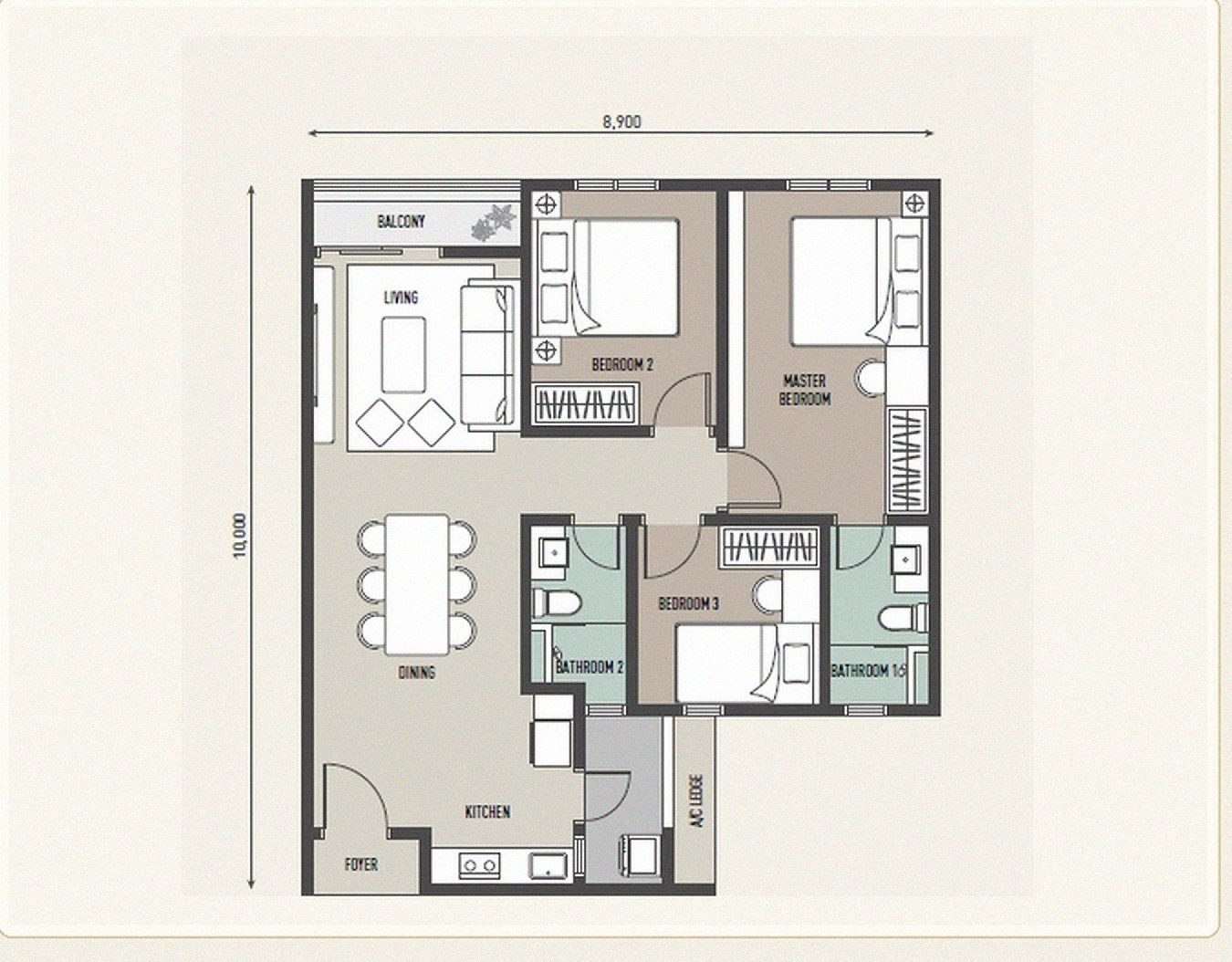 Type B floor plan: living, dining, kitchen, three bedrooms and two bathrooms, 8,900 by 10,000 mm