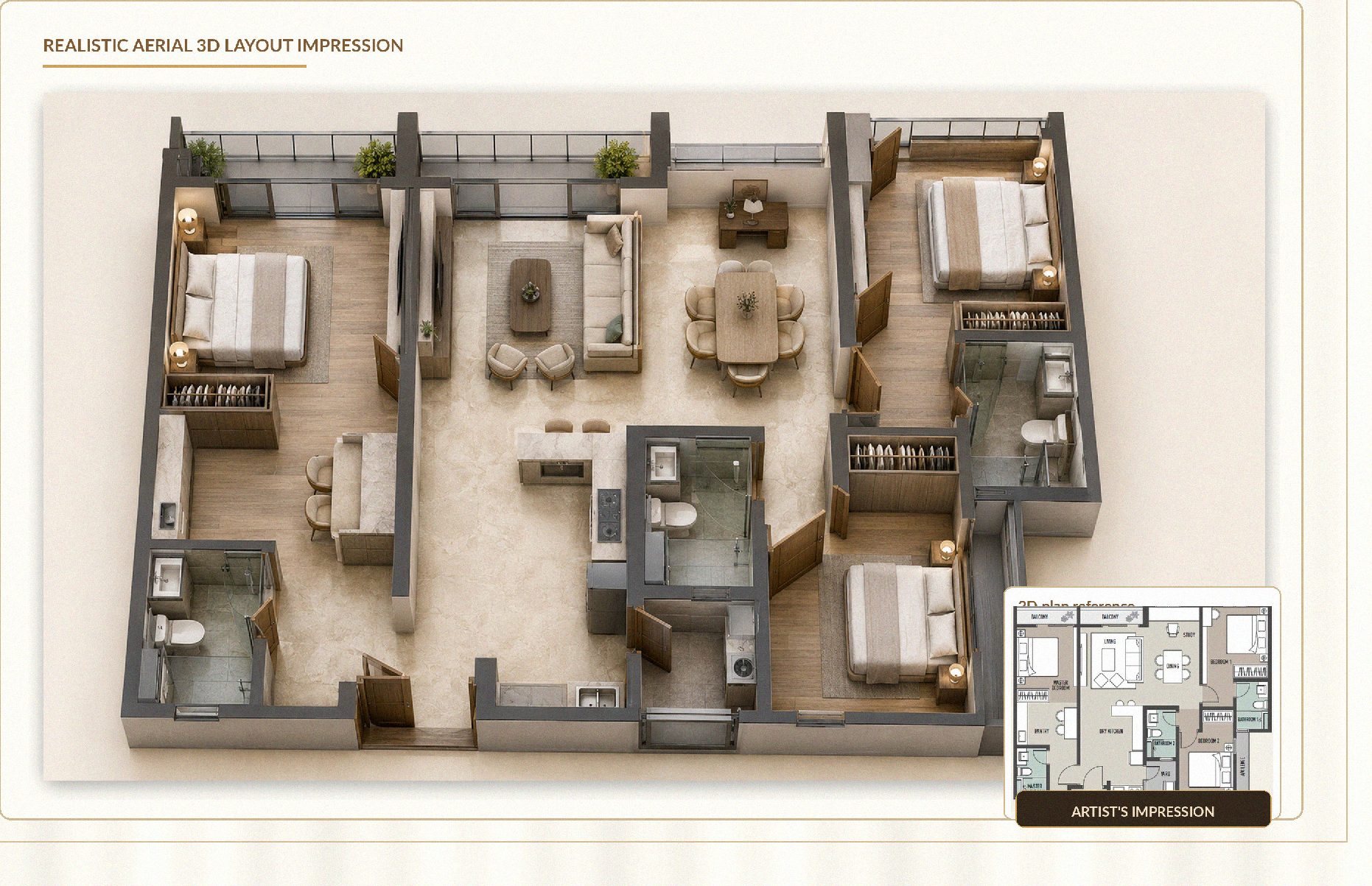 Realistic aerial 3D layout impression of the Type C1 interior
