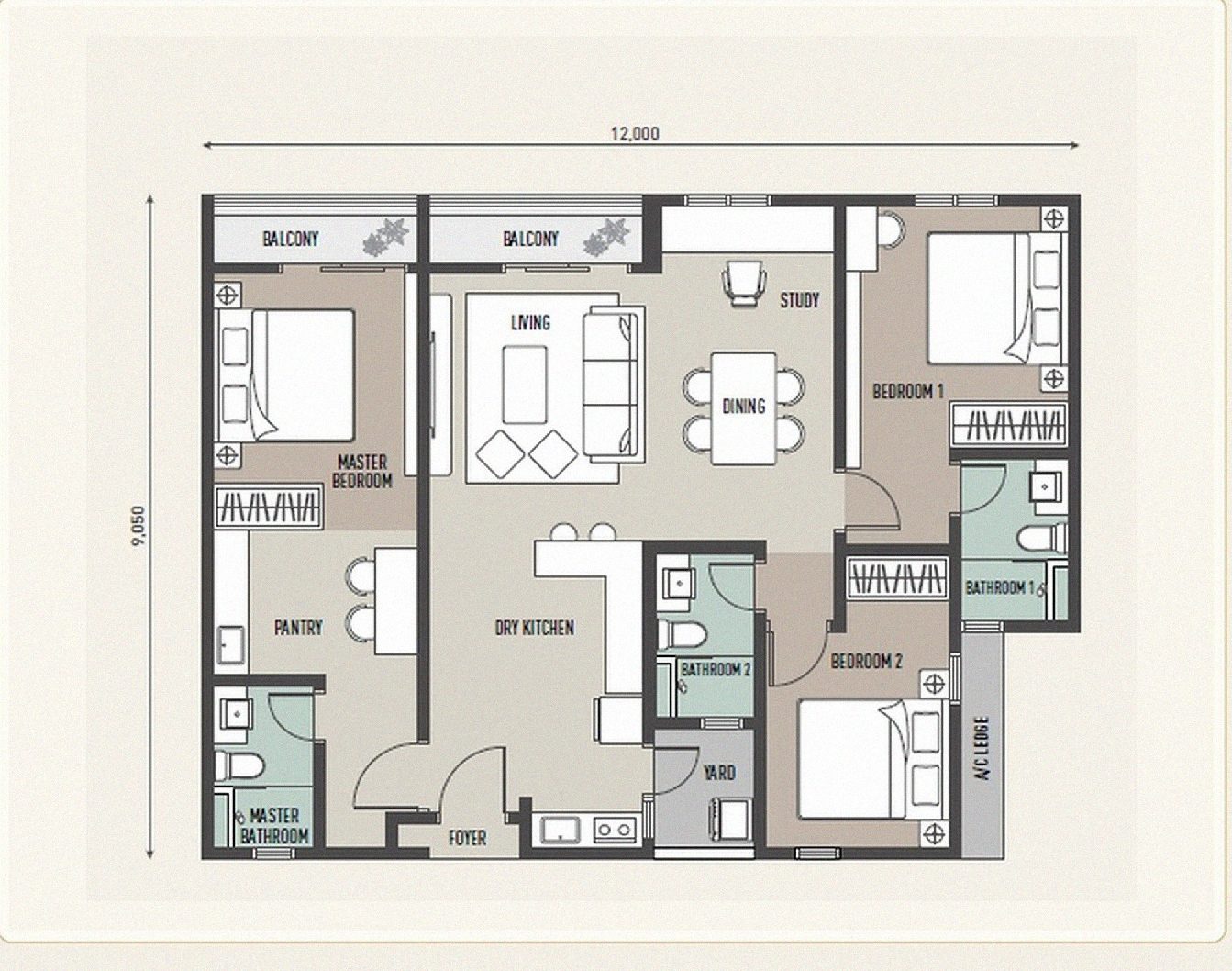 Type C1 dual-key floor plan: master suite, study, two bedrooms, three bathrooms, 12,000 by 9,050 mm