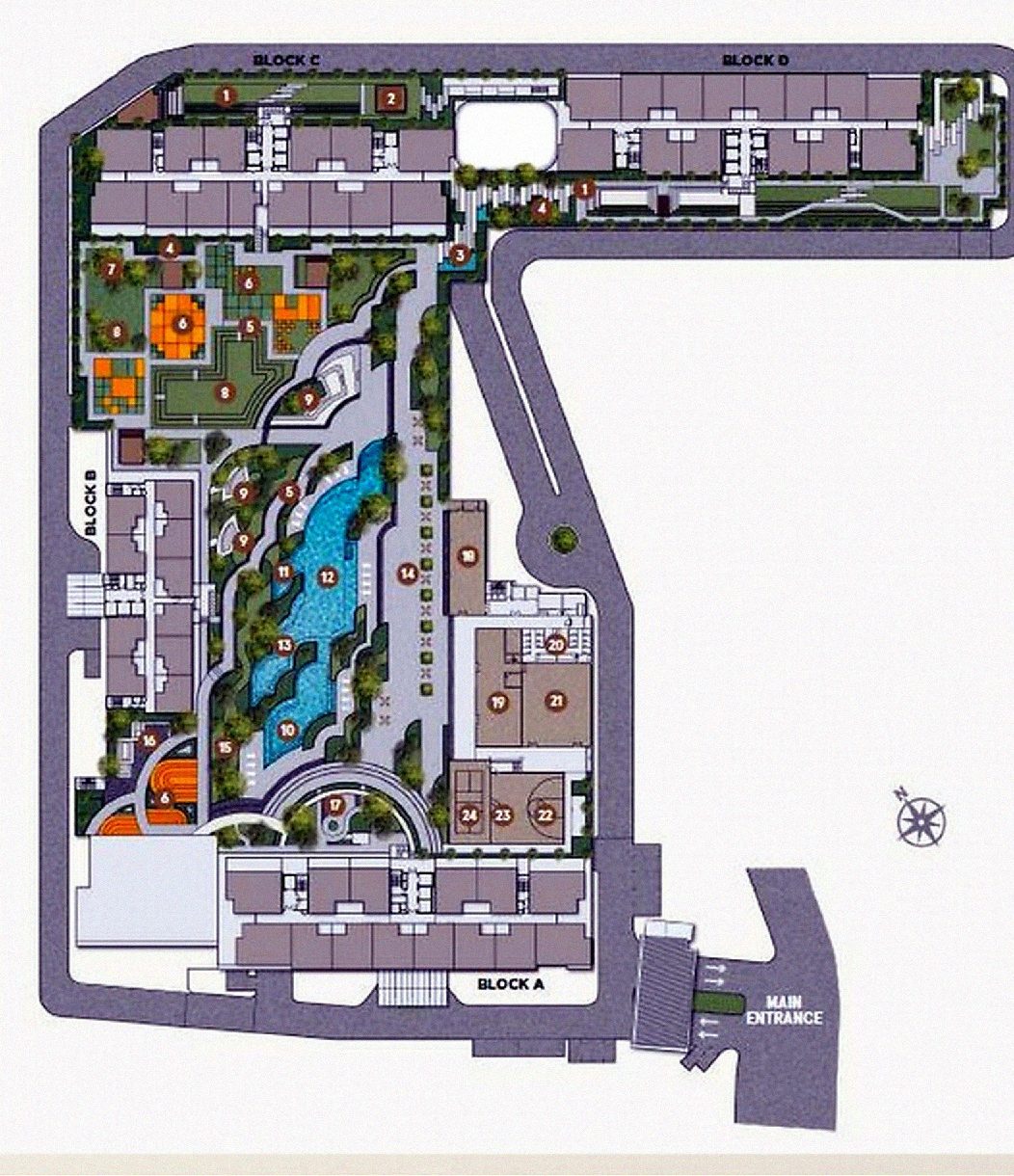 Podium Level 2 site plan showing Blocks A to D and 24 numbered amenities