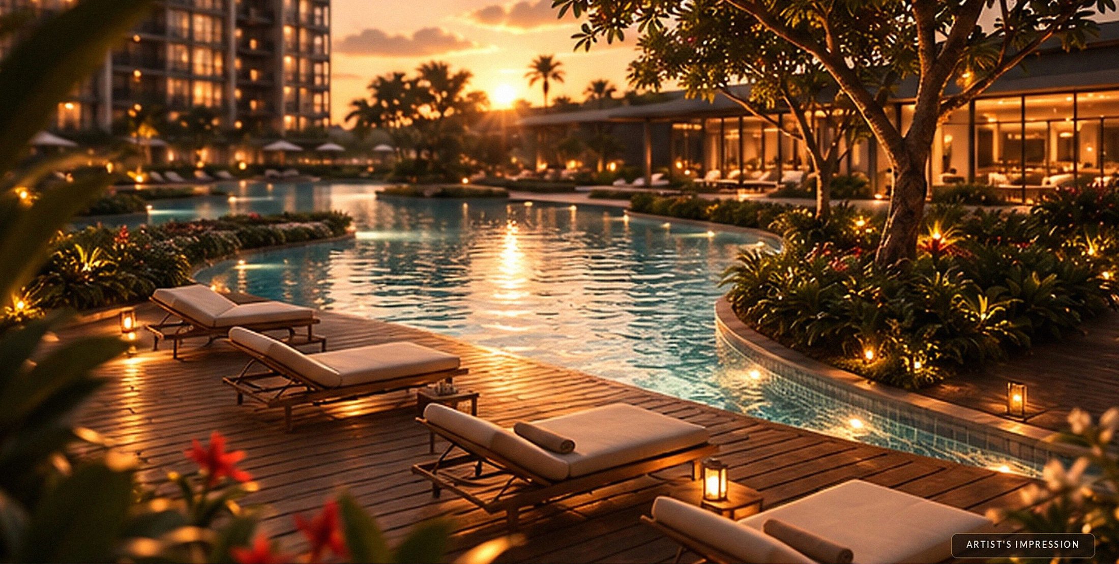 Artist's impression of the pool deck and cabanas at sunset