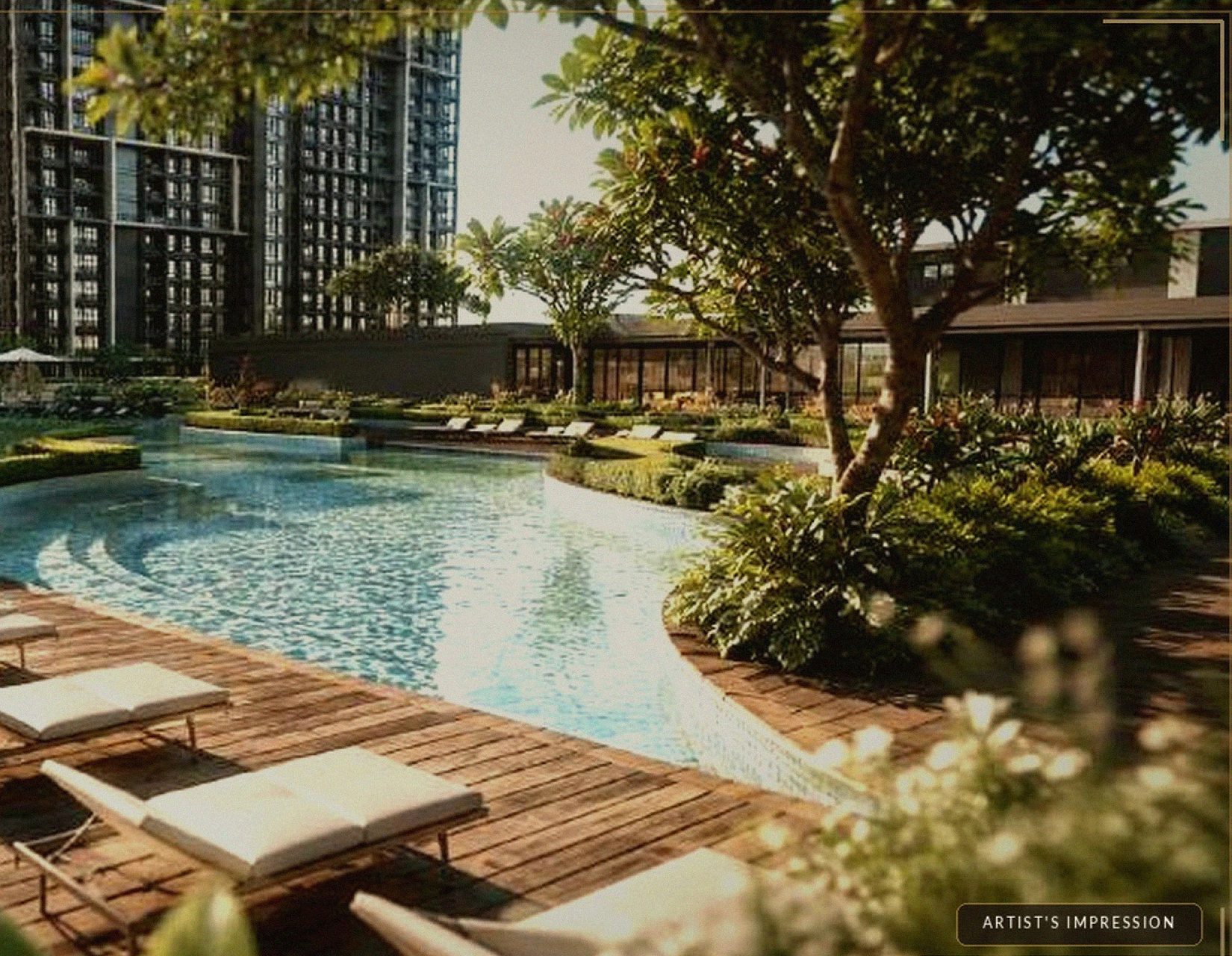Artist's impression of the social pool among gardens and timber sun decks