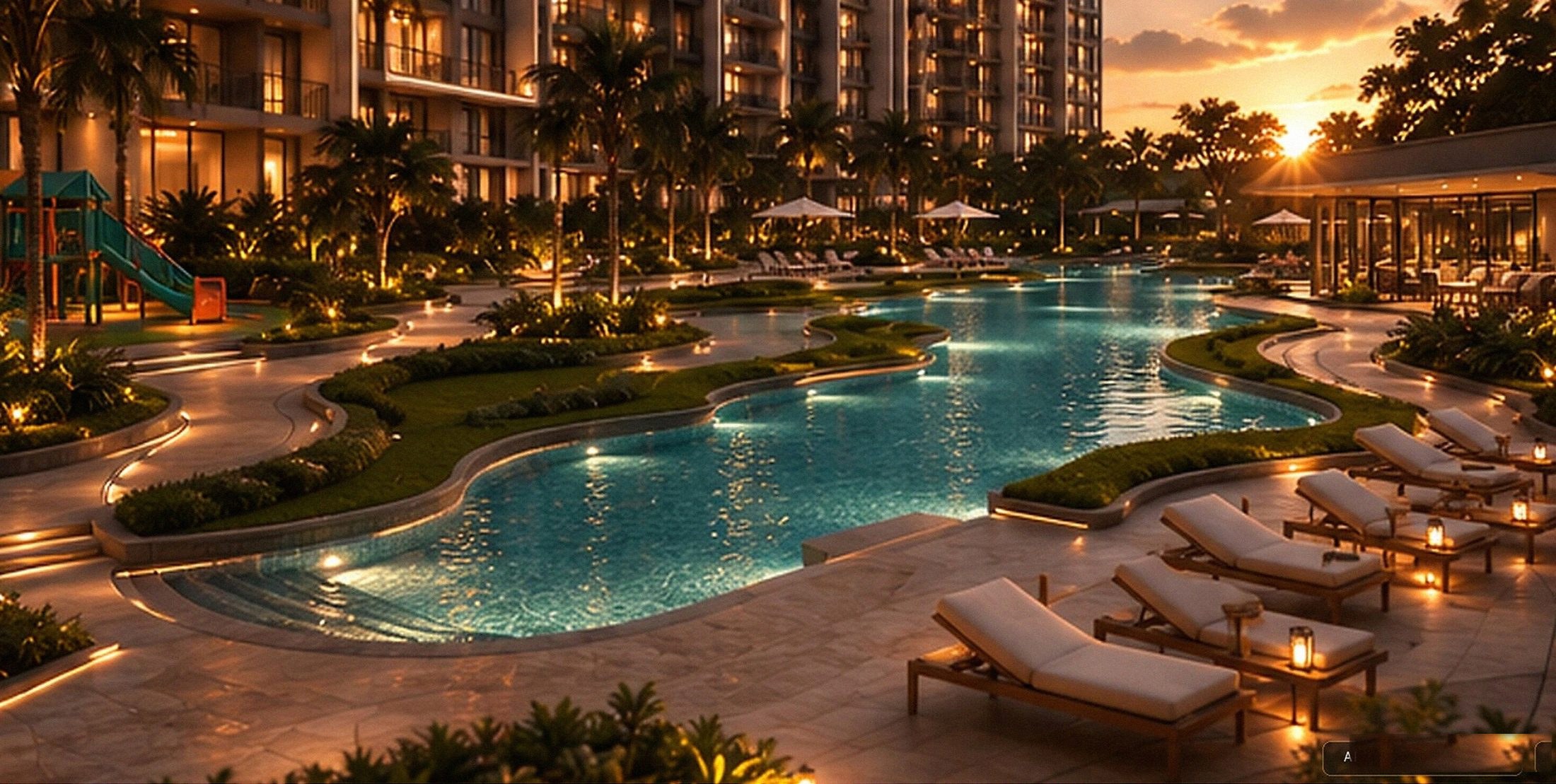 Artist's impression of the lagoon pool illuminated at dusk